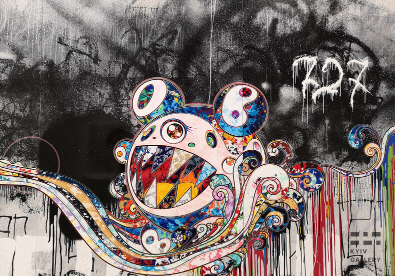 Silkscreen printing. Takashi Murakami's painting with a toothy and eared creature. Bright print with graffiti elements