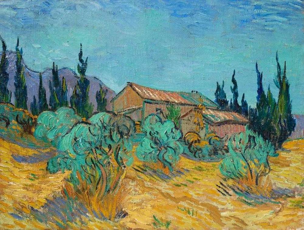Vincent Van Gogh's painting - Wooden huts among olives and cypresses