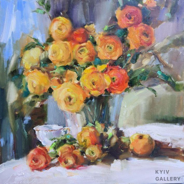 Картина «Жовті троянди з білою чашкою», олійні фарби, полотно. Художниця Лаптєва Ольга. Купити картину