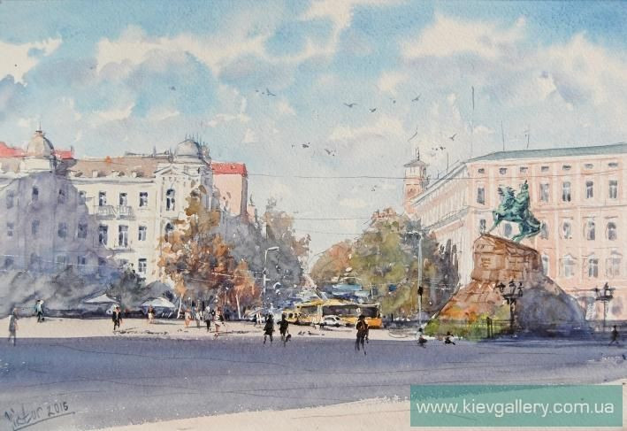 Painting «Kyiv. Sophia Square. Sculpture of Bogdan Khmelnitsky», watercolor, paper. Painter Mykytenko Viktor. Buy painting