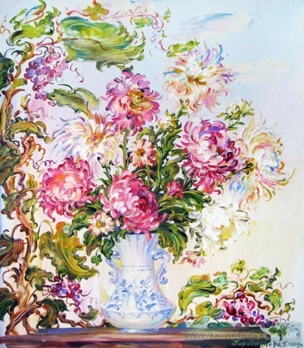 Картина “Хризантемы и виноград“