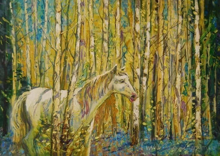 Картина “Лошадь в березовом лесу“