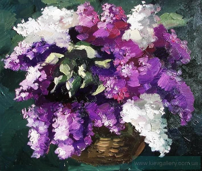 Картина “Бело-фиолетовый букет сирени в вазе“