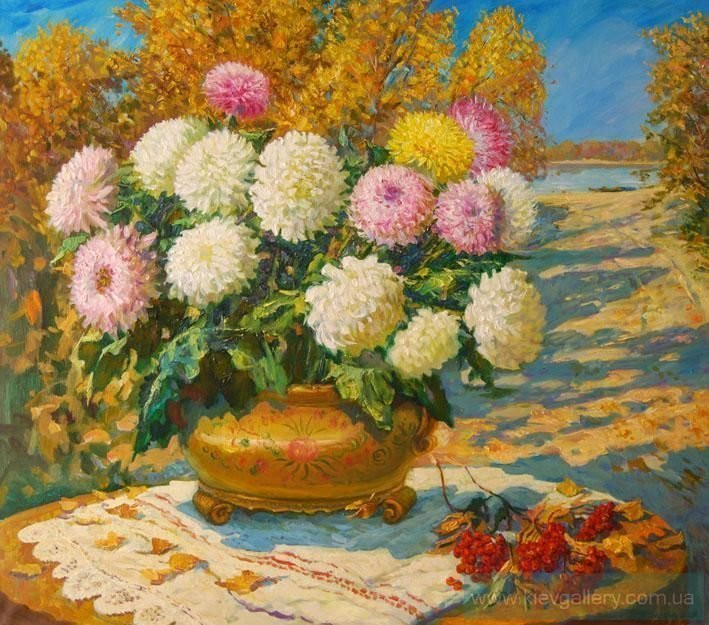 Картина “Хризантеми біля Дніпра“