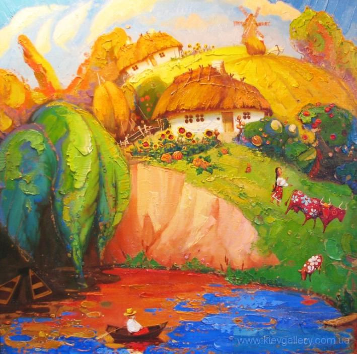 Painting “Golden evening in a village“