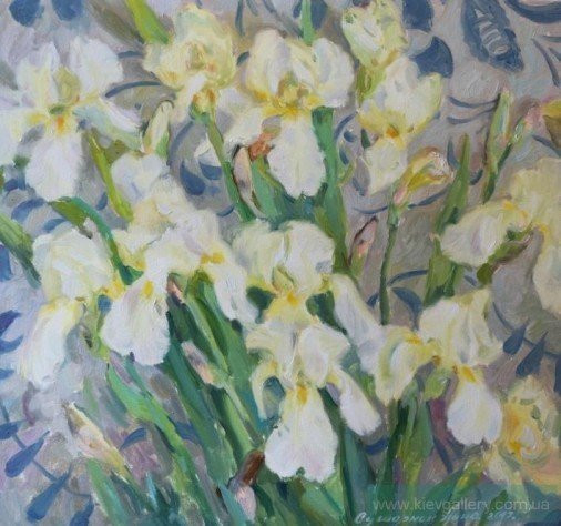 Painting «Irises on gray background», oil, canvas. Painter Susharnyk Anna. Buy painting
