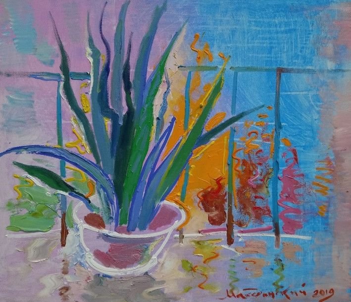 Painting «Flowers on the balcony», oil, canvas. Painter Makedonskyi Pavlo. Buy painting