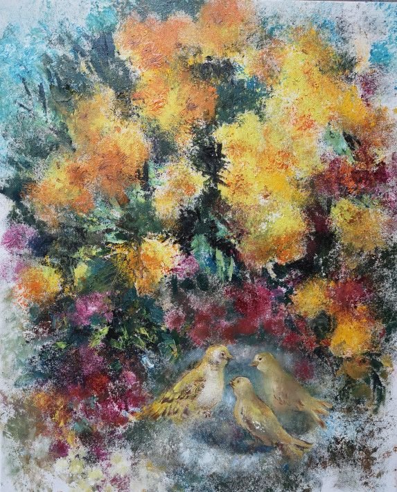 Painting «Yellow chrysanthemums», oil, canvas. Painter Herasymenko Nataliia. Buy painting