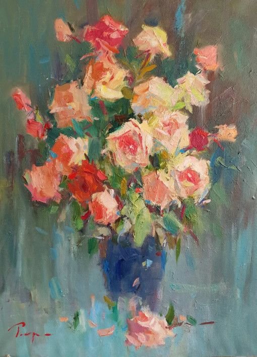 Painting «Roses on a blue background», oil, canvas. Painter Terebylo Mykhailo. Buy painting