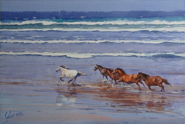 Painting «Horses by the ocean», watercolor, paper. Painter Mykytenko Viktor. Buy painting