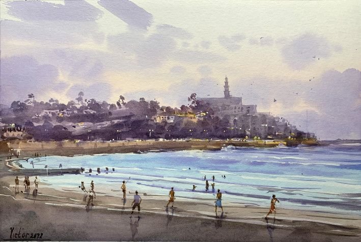 Painting «Jaffa, Israel, sunset», watercolor, paper. Painter Mykytenko Viktor. Buy painting