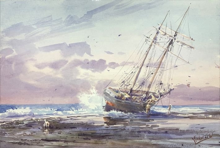 Painting «Sailboat low tide», watercolor, paper. Painter Mykytenko Viktor. Buy painting