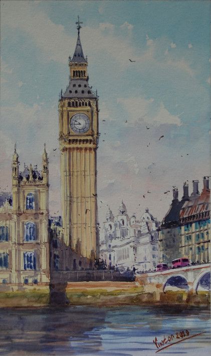 Картина «Лондон. Часовая башня Парламента», акварель, бумага. Художник Микитенко Виктор. Купить картину