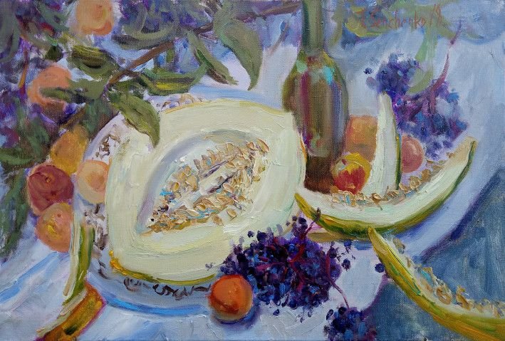 Painting «Melon and peaches», oil, canvas. Painter Senchenko Tetiana. Buy painting