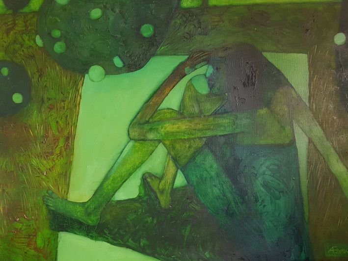 Картина «Медитація в зеленій сукні», олійні фарби, полотно. Художниця Булкіна Анна. Купити картину