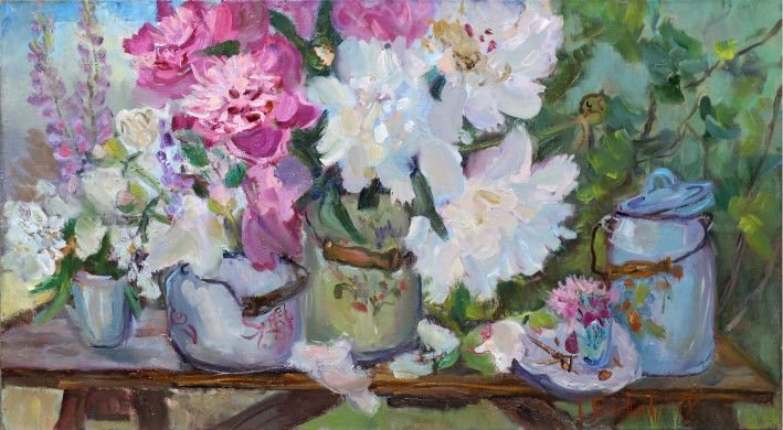 Painting «Peonies in cans», oil, canvas. Painter Senchenko Tetiana. Buy painting