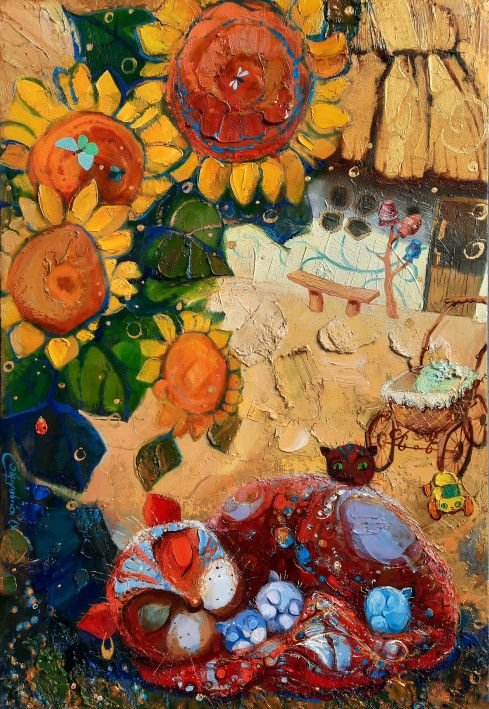 Картина «Киця Муся. Мамуся», олійні фарби, полотно. Художниця Збруцька Оксана. Купити картину