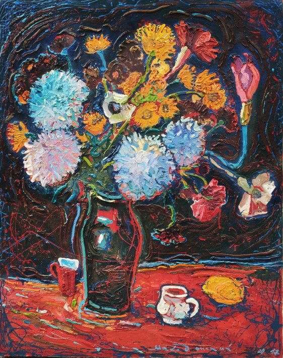 Painting «Flowers in a black jug», oil, canvas. Painter Makedonskyi Pavlo. Buy painting