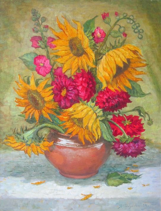 Painting «Still life with sunflowers and hollyhocks», oil, canvas. Painter Tytulenko Volodymyr. Buy painting