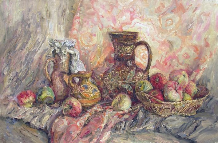 Картина «Яблука та кераміка», олійні фарби, полотно. Художниця Бражник Олена. Купити картину