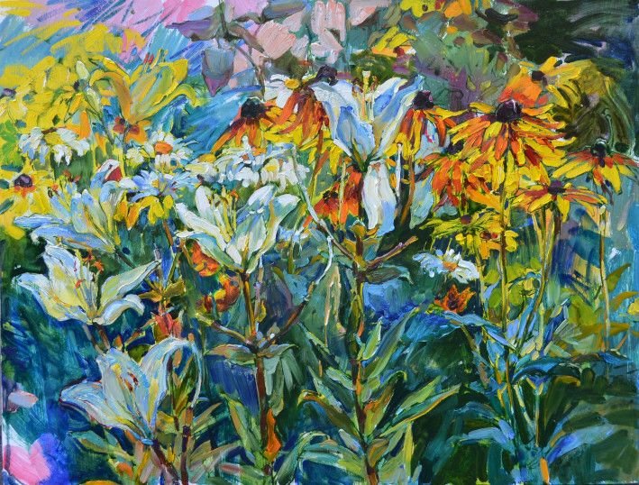 Картина “Пейзаж с цветами. Лилии, ромашки и полевые цветы”