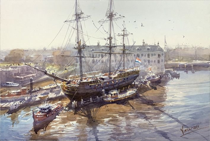 Painting «Amsterdam, sailboat», watercolor, paper. Painter Mykytenko Viktor. Buy painting