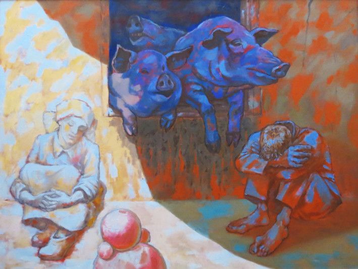 Painting «People and Pigs», oil, canvas. Painter Zhulinskyi Mykola. Buy painting