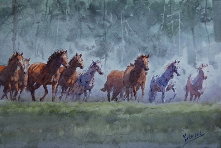 Купить картину «Табун лошадей» c дикими животными, акварелью на бумаге, в  стиле реализм, Виктор Микитенко | KyivGallery
