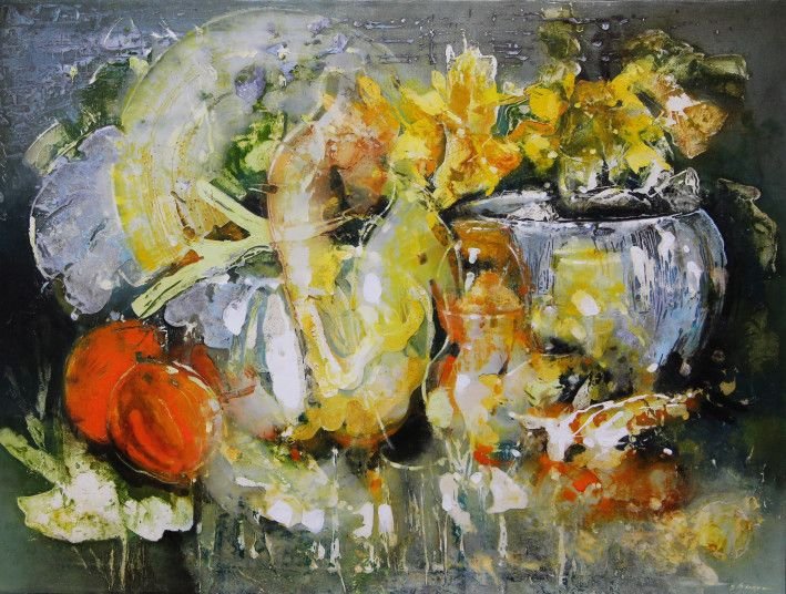 Painting «Still life with a pumpkin», oil, mixed media, levkas, canvas. Painter Hudko Vitalii. Buy painting