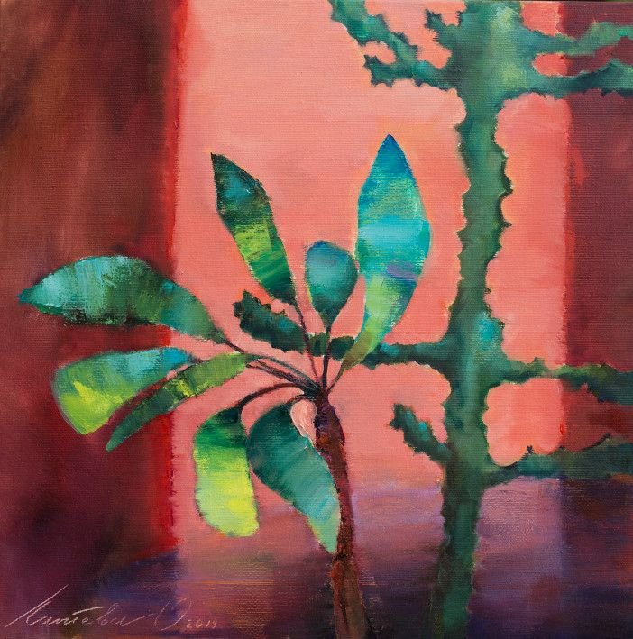 Painting «Cactus on red», oil, canvas. Painter Laptieva Olha. Buy painting