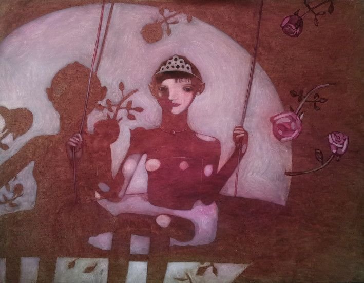 Картина «Принцеса, та її трюк на гойдалці », олійні фарби, полотно. Художниця Булкіна Анна. Купити картину