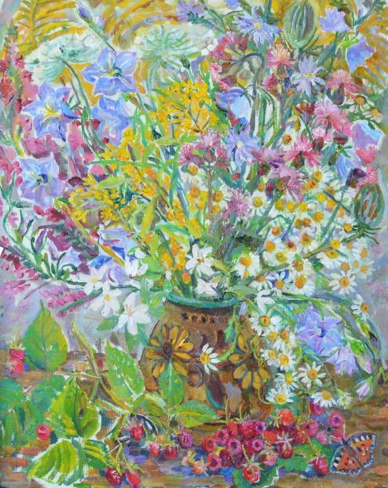 Painting «Wildflowers with raspberries», oil, canvas. Painter Kyrylenko-Barannikova Halyna. Buy painting