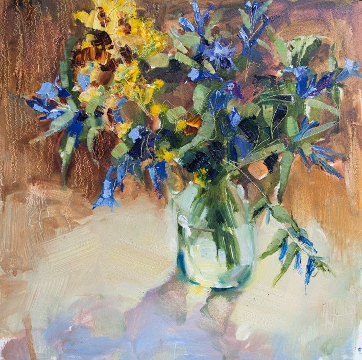 Картина «Букетик із синіми квітами», олійні фарби, двп / картон. Художниця Лаптєва Ольга. Купити картину