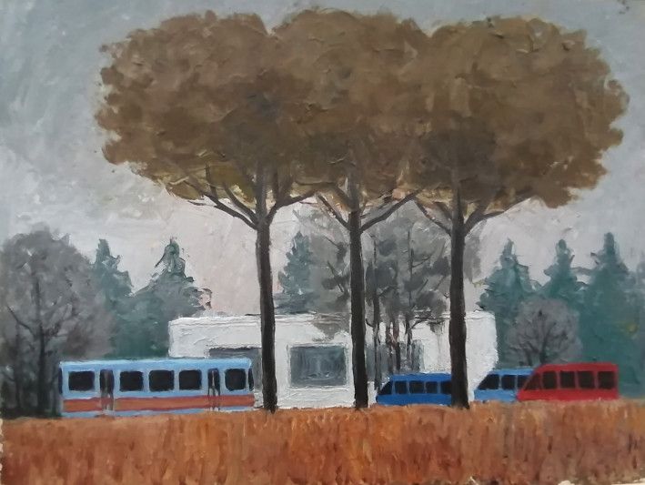 Painting «Bus stop», oil, paper. Painter Zhulinskyi Mykola. Buy painting