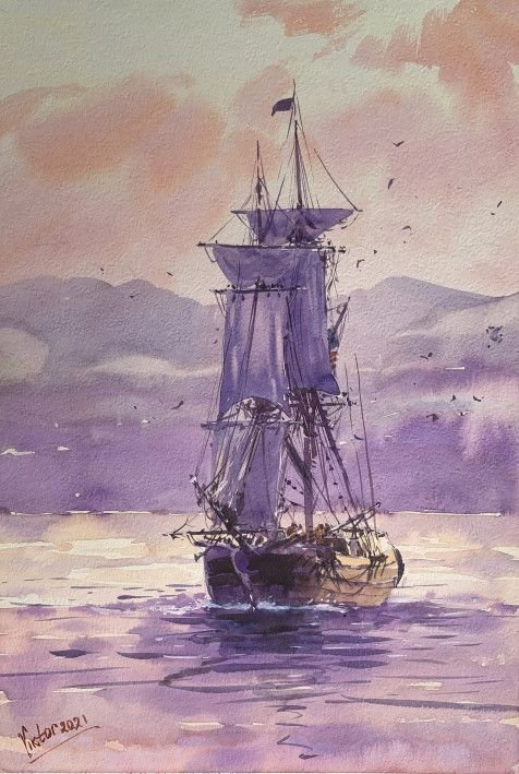 Painting « Boat at sunset», watercolor, paper. Painter Mykytenko Viktor. Buy painting