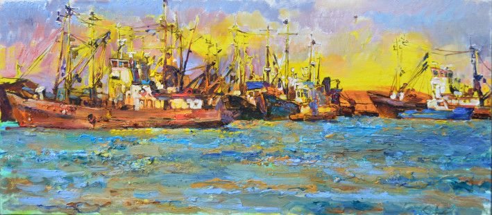 Painting «Fishing boats at sunrise», oil, canvas. Painter Kutsachenko Andrii. Buy painting