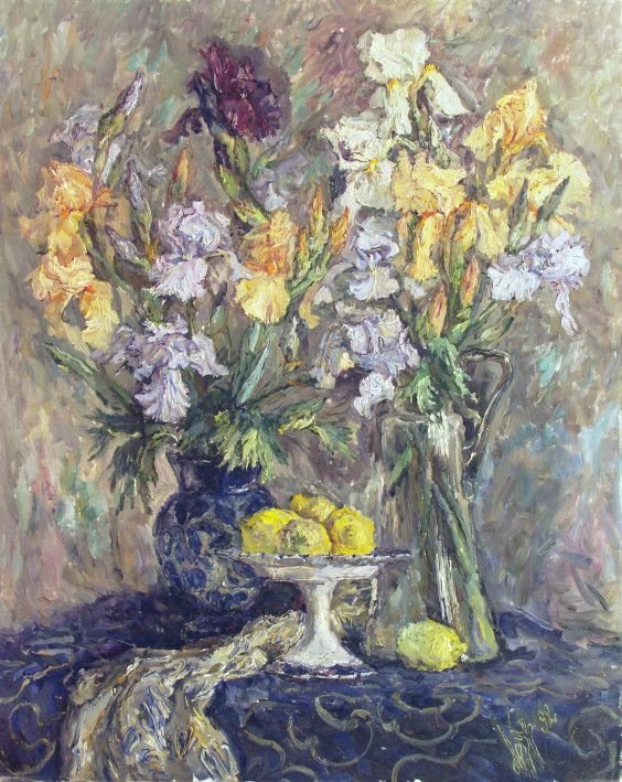 Painting «Irises and lemons», oil, canvas. Painter Brazhnyk Olena. Buy painting
