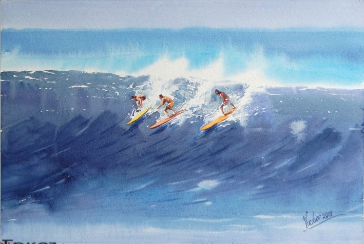 Painting “Surfers on the crest of a wave”