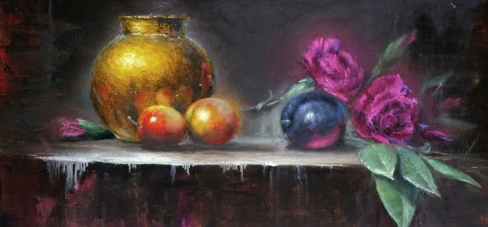Painting «Still life with plum and carnations», oil, canvas. Painter Bahatska Nataliia. Buy painting