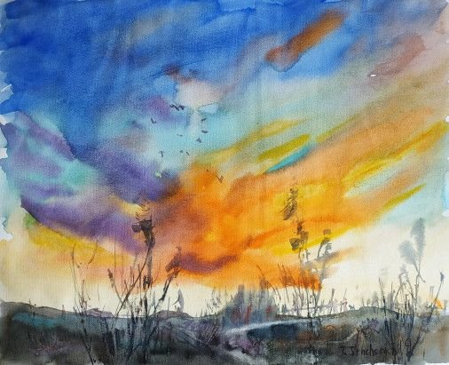 Painting «Evening in his native village», watercolor, paper. Painter Senchenko Tetiana. Buy painting