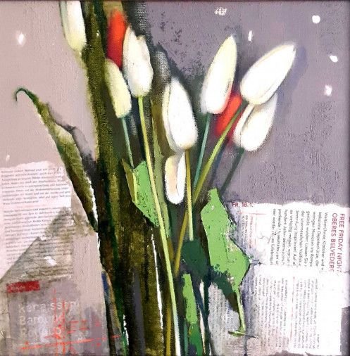 Картина «Різнокольорові тюльпани», олійні фарби, колаж, полотно. Художниця Корнієнко Оксана. Купити картину