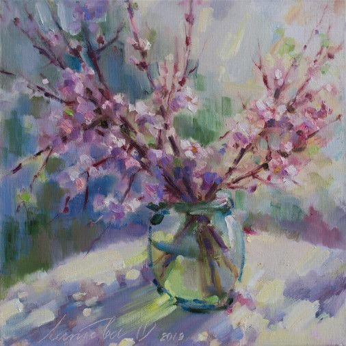 Painting «Flowering almonds on the table», oil, canvas. Painter Laptieva Olha. Buy painting