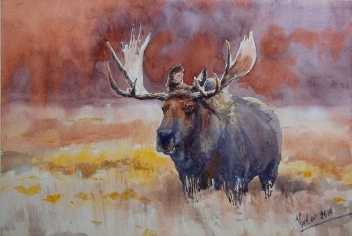 Painting «Elk in autumn landscape», watercolor, paper. Painter Mykytenko Viktor. Buy painting