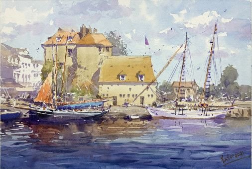 Painting « Boats, a city in France», watercolor, paper. Painter Mykytenko Viktor. Buy painting
