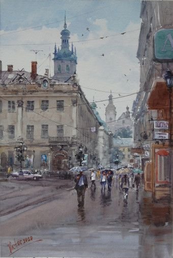 Painting «Rainy day in Lviv», watercolor, paper. Painter Mykytenko Viktor. Buy painting