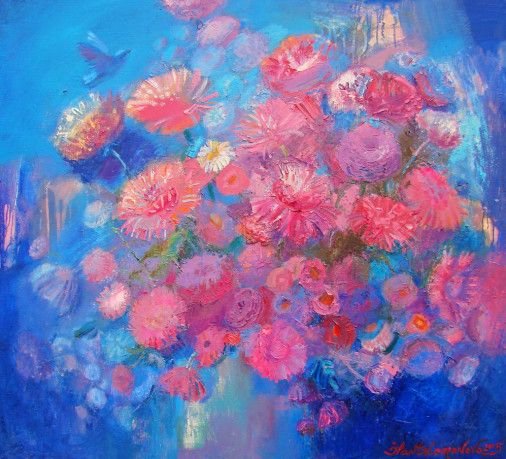 Картина «Розовые хризантемы», масло, холст. Художница Пантелемонова Инна. Купить картину