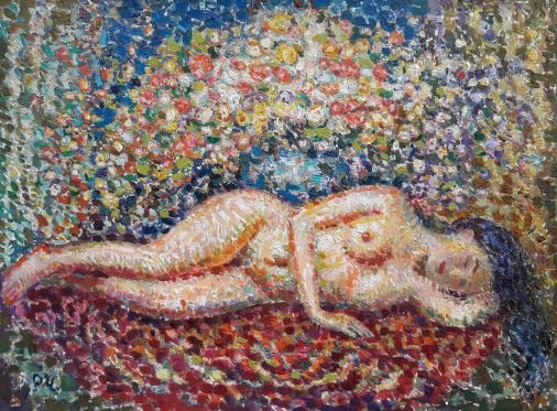 Painting «nude lying under a bouquet», oil, canvas. Painter Chudnovsky Roman. Buy painting