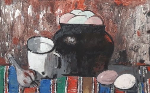 Painting «Eggs, garlic, milk», oil, canvas. Painter Nosan Volodymyr. Buy painting
