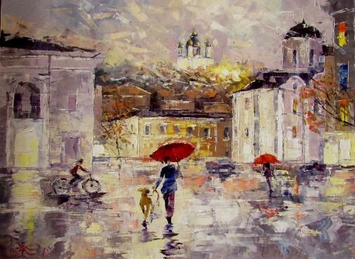 Painting «Old city Kyiv. It's raining», oil, canvas. Painter Kolos Anna. Buy painting