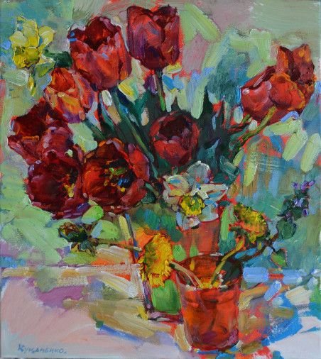 Painting «Spring flowers,tulips», oil, acrylic, canvas. Painter Kutsachenko Andrii. Buy painting